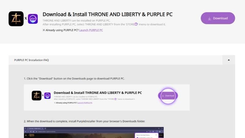 Purple merupakan satu-satunya cara download Throne and Liberty secara resmi yang tidak memerlukan VPN mengingat server yang disediakan difokuskan untuk wilayah Asia.