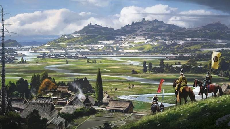 Concept Art Assassin’s Creed Shadows yang menyiratkan Oda Nobunaga memantau sebuah desa